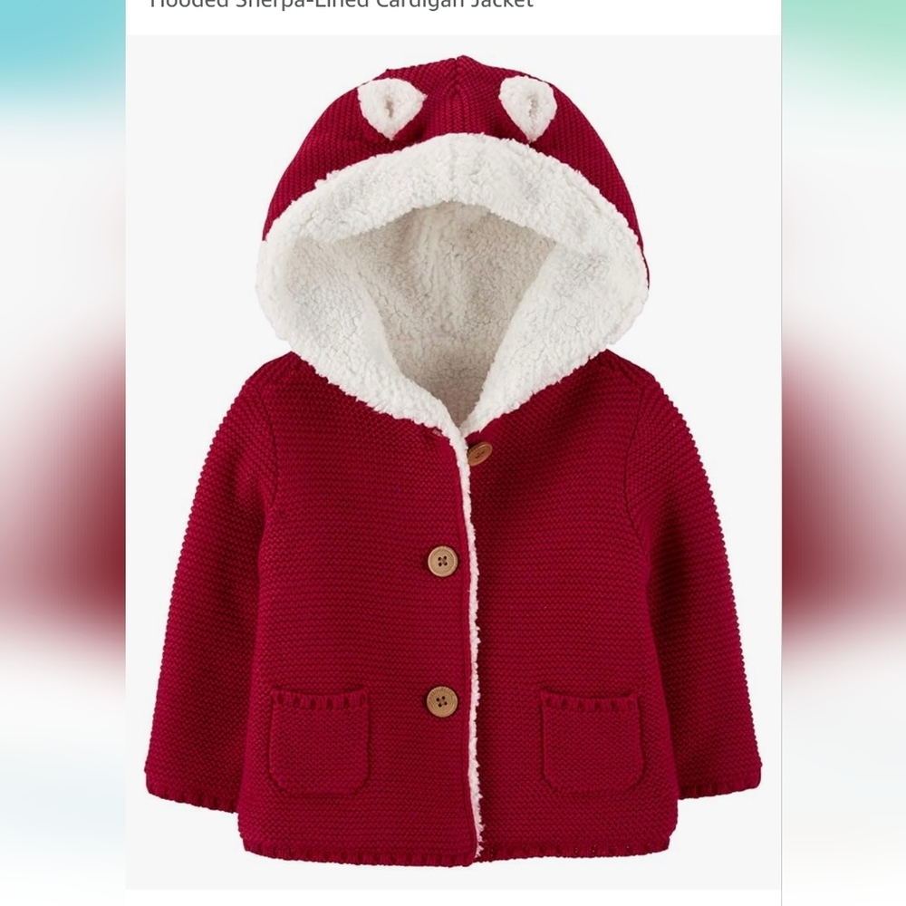 Carter's santa Red hooded sherpa lined cardigan 6 Months